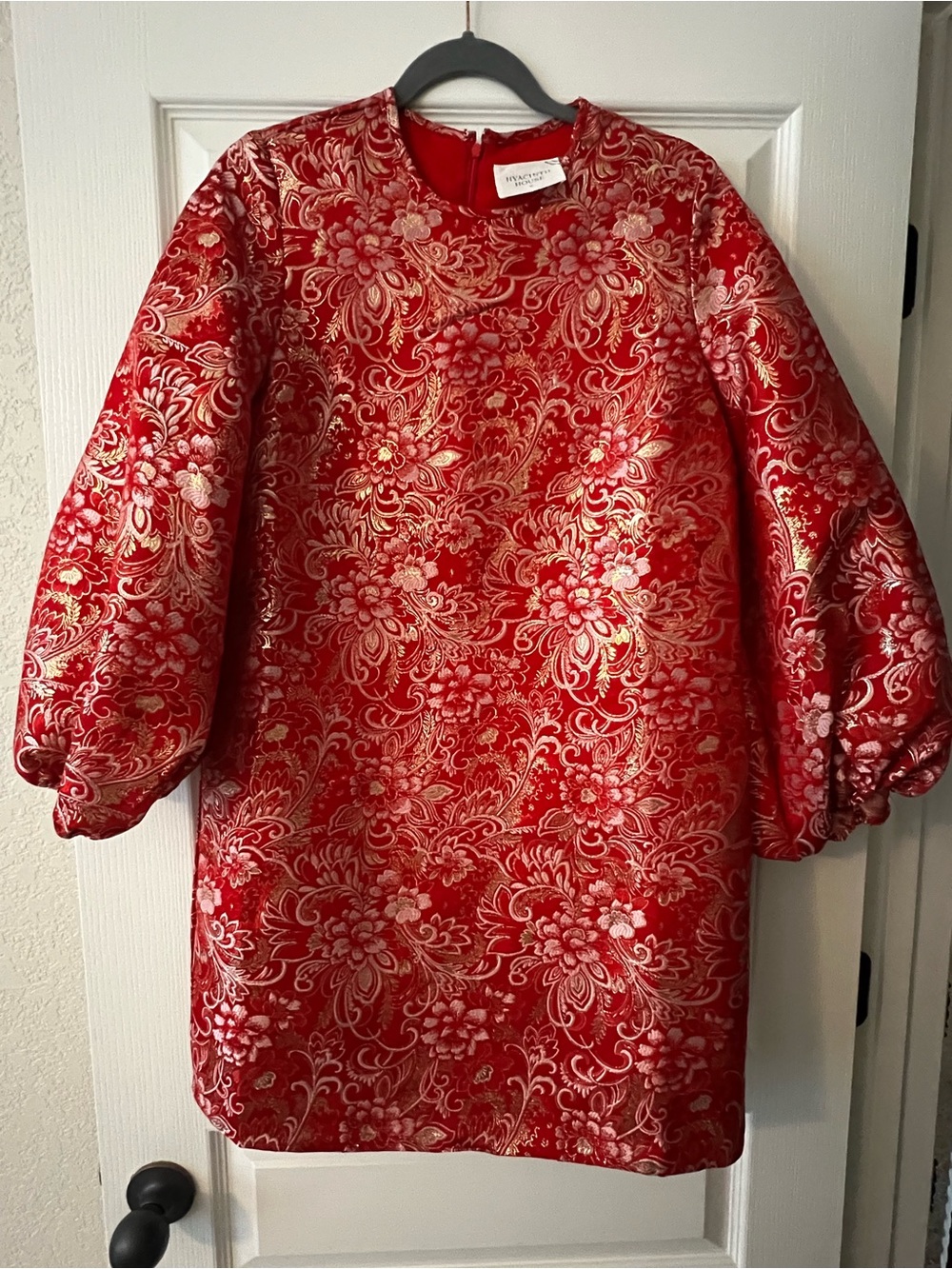 Red Brocade Mini Dress with Gold Floral Jacquard